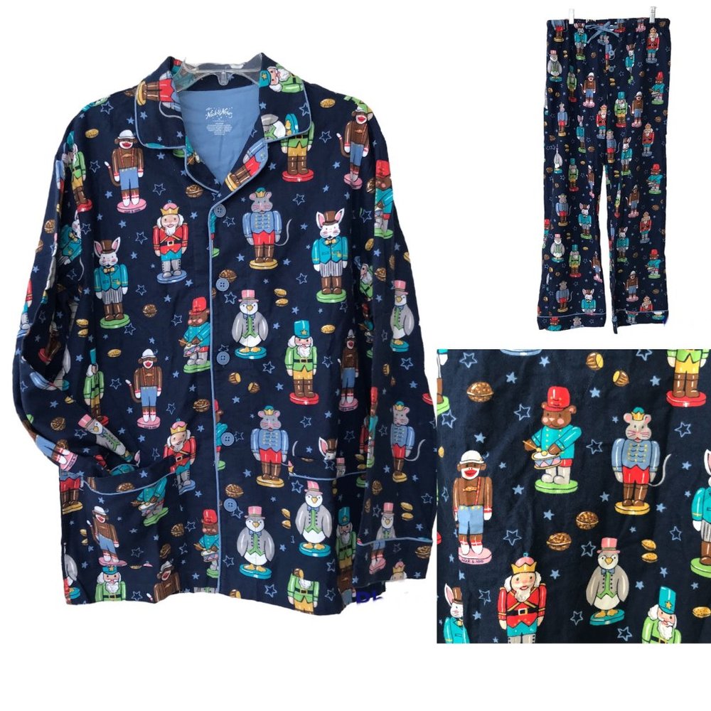 Nick & Nora Mens M Blue Christmas Nutcracker NEW Pajama Set PJ Cotton Flannel